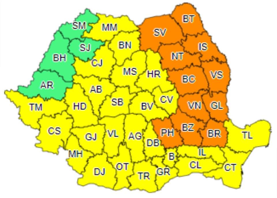 Județul Bistrița-Năsăud se află sub o nouă avertizare meteorologică Cod galben