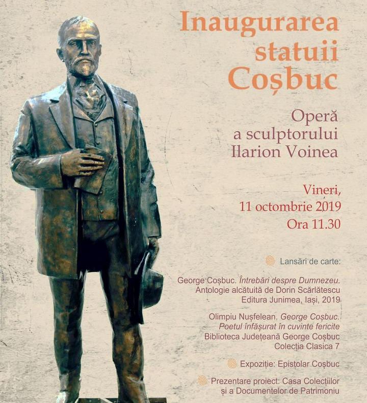 O statuie a poetului George Coșbuc, amplasată în curtea Bibliotecii Județene Bistrița-Năsăud, gata de inaugurare