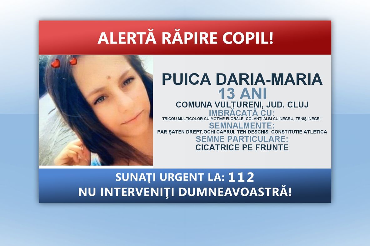 O copilă din județul Cluj este căutată de polițiștii din toată țara. Dacă ați văzut-o, sunați de urgență la 112!