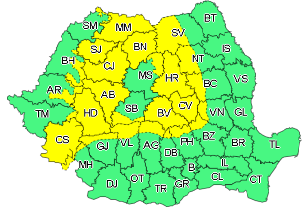 Bistrița-Năsăud și alte 26 de județe, sub COD GALBEN de ploi, vânt și ninsori