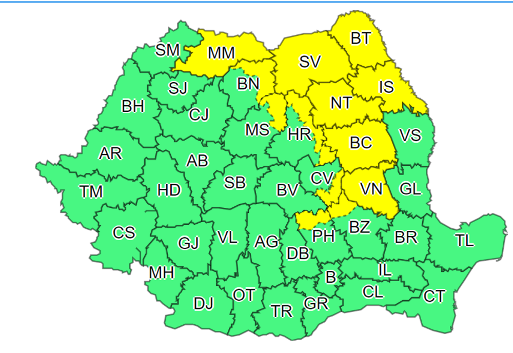 Avertizare COD GALBEN de instabilitate atmosferică accentuată pentru 13 județe din țară