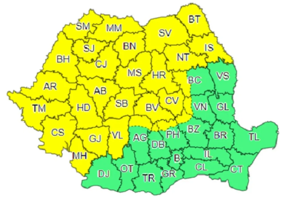 Avertizare COD GALBEN, în 29 de județe, printre care și Bistrița-Năsăud, Bihor, Cluj, Maramureș, Mureș, Satu Mare și Sălaj