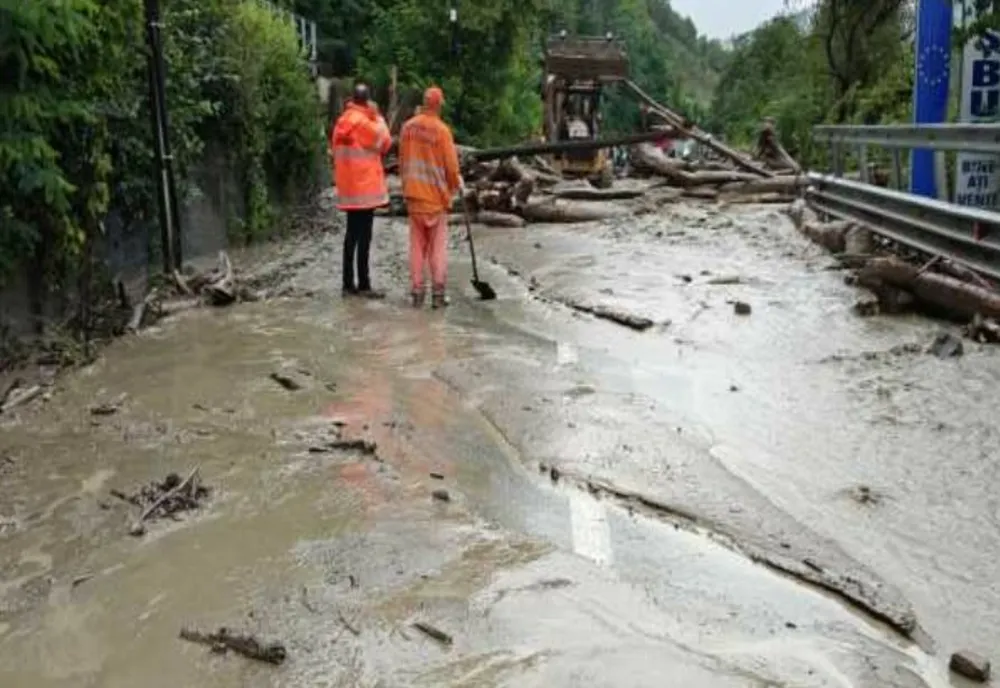 DN 17C, BLOCAT DE ALUVIUNI ȘI ARBORI ADUȘI DE O VIITURĂ, ÎN ZONA LOCALITĂȚII COȘBUC