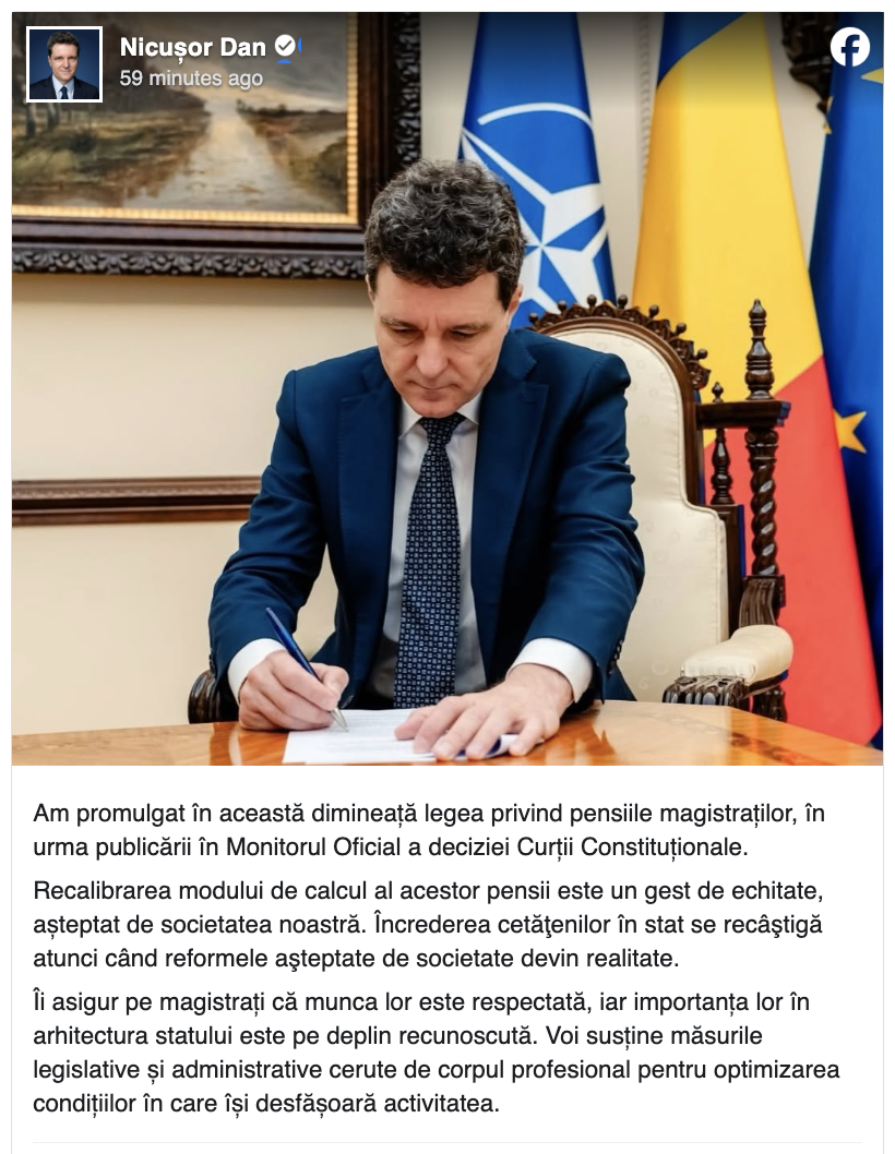 Nicușor Dan a promulgat legea pensiilor speciale